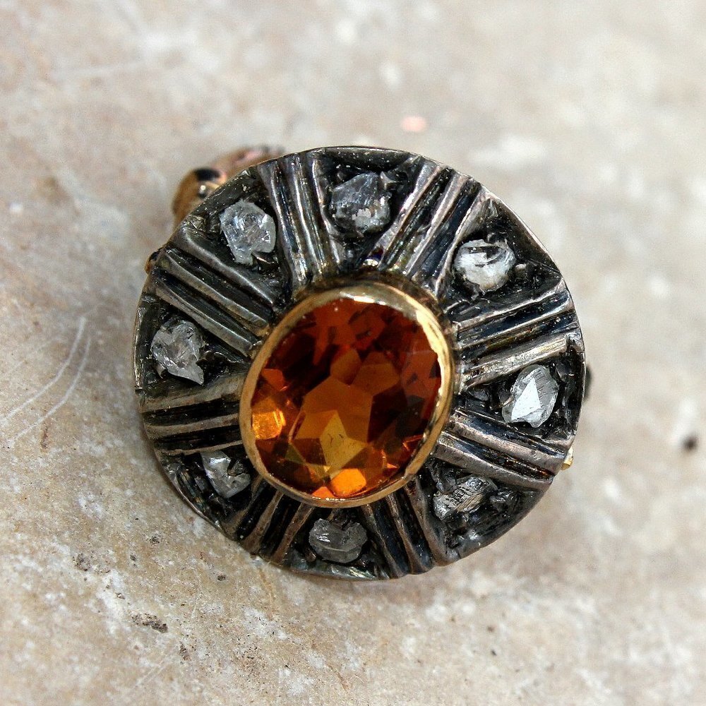 Rustic Ethnic Natural 18K Gold Diamond Chips Topaz Gemstone Silver Ring Size 7